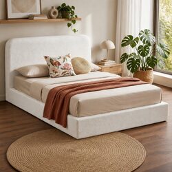 Queen Bed Frame Boucle Fabric Vacuum Compressed No-Assembly Washable Cover White
