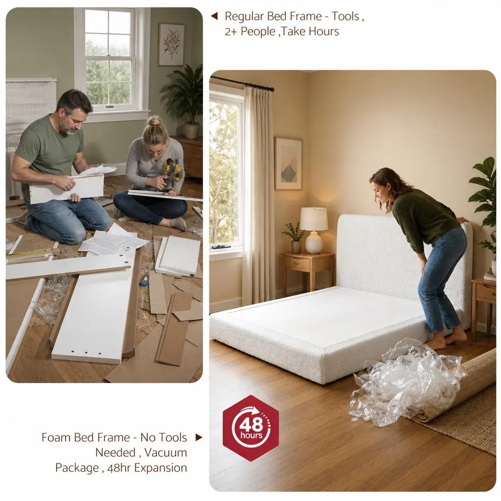Queen Bed Frame Boucle Fabric Vacuum Compressed No-Assembly Washable Cover White