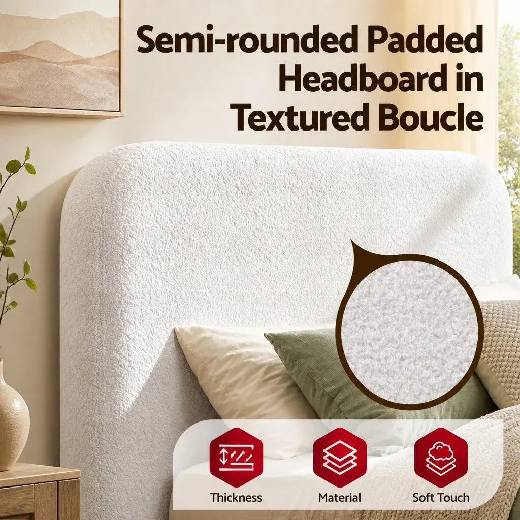 Queen Bed Frame Boucle Fabric Vacuum Compressed No-Assembly Washable Cover White