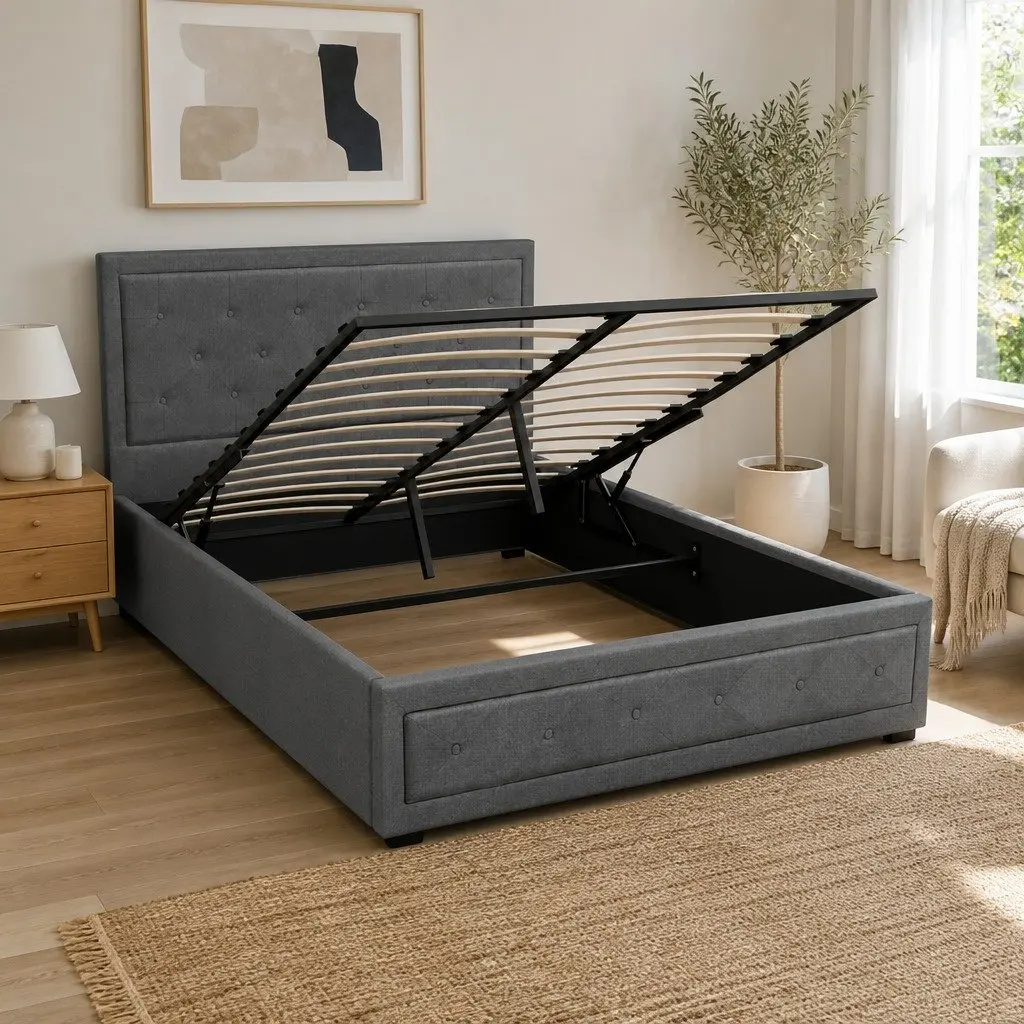 Double Size Grey Upholstered Gas Lift Bed Frame with Storage