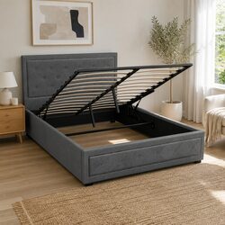Double Size Grey Upholstered Gas Lift Bed Frame with Storage