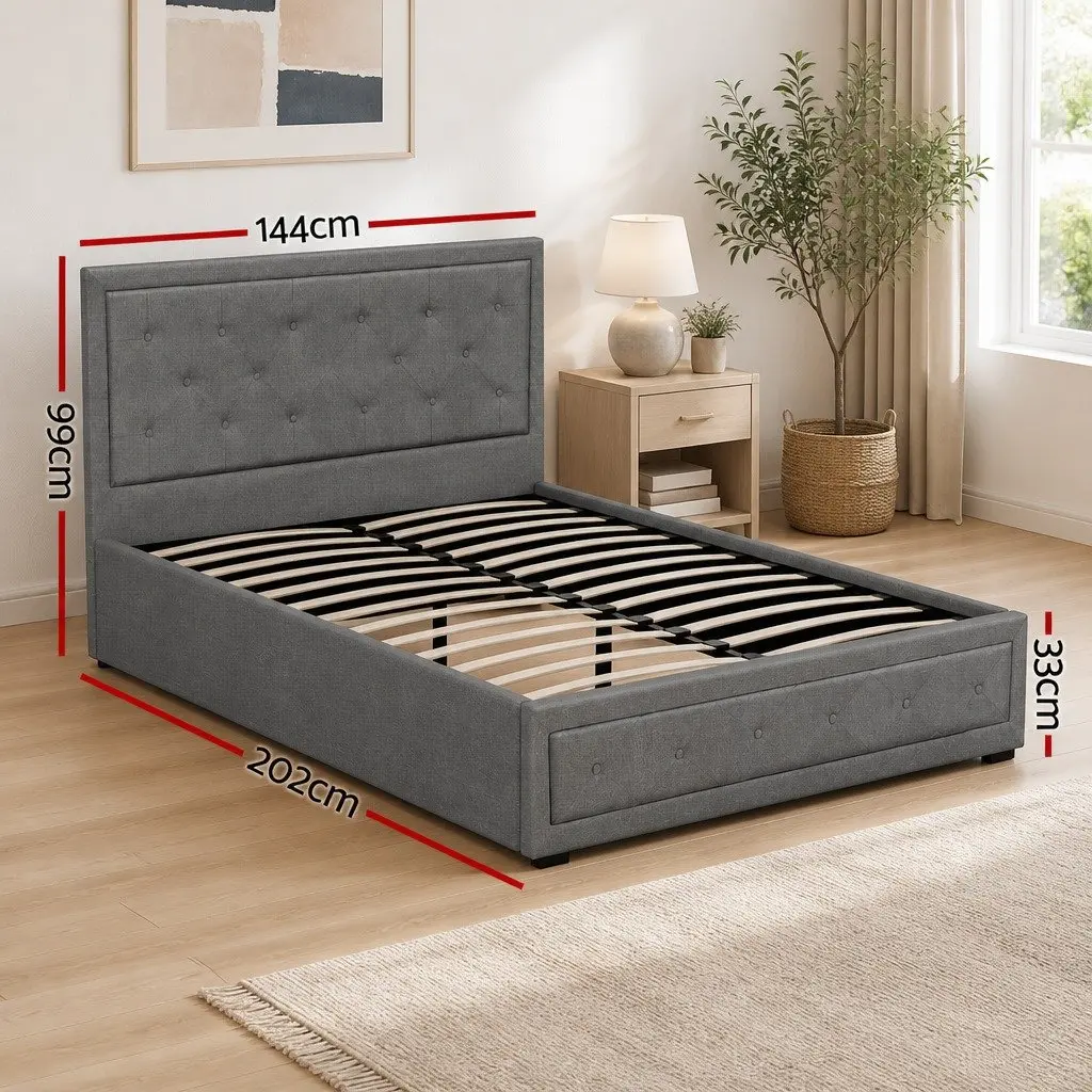 Double Size Grey Upholstered Gas Lift Bed Frame with Storage