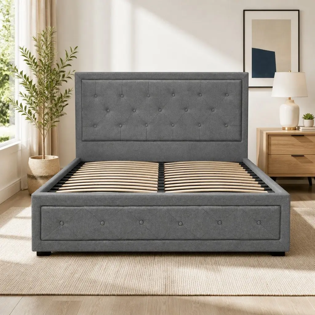 Double Size Grey Upholstered Gas Lift Bed Frame with Storage