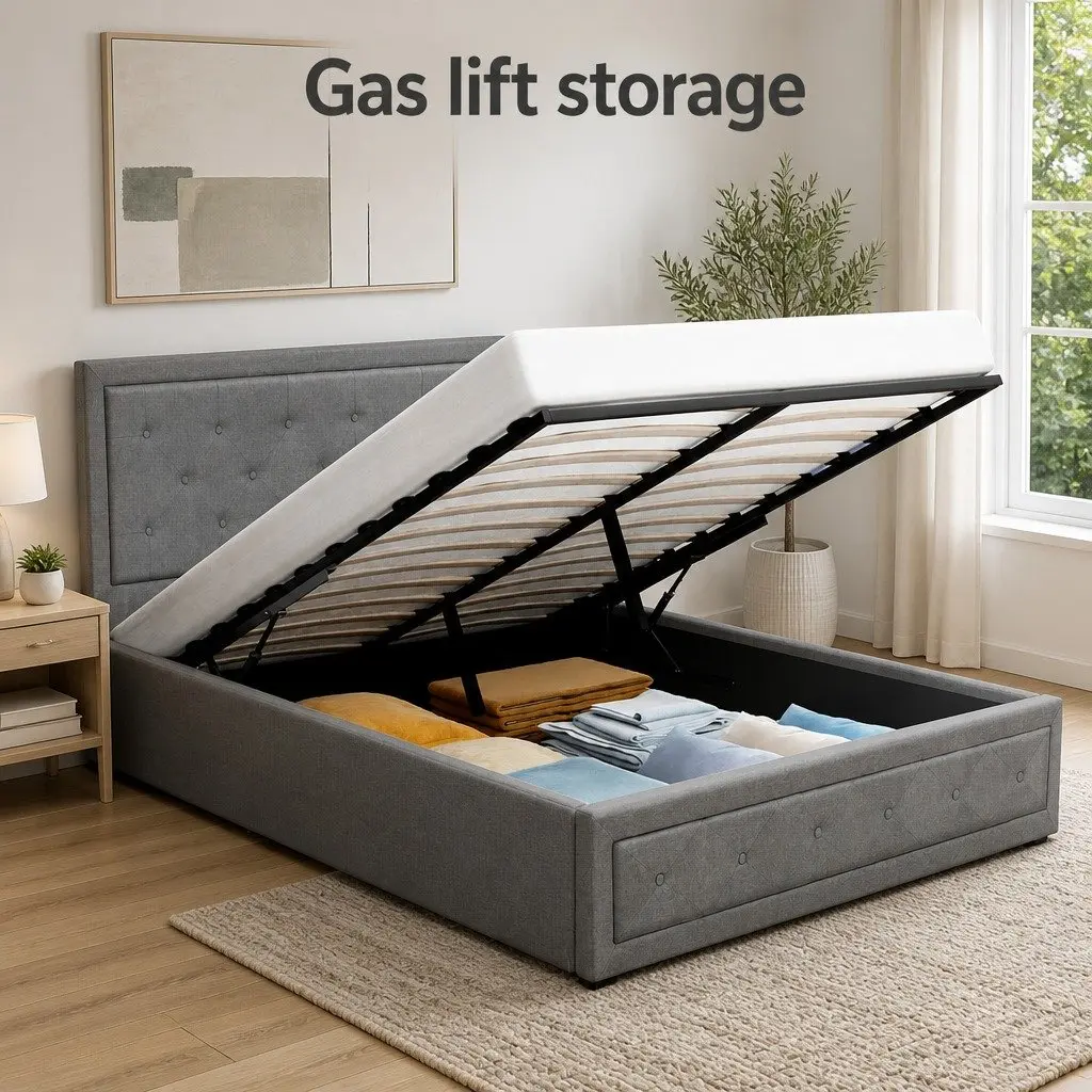 Double Size Grey Upholstered Gas Lift Bed Frame with Storage