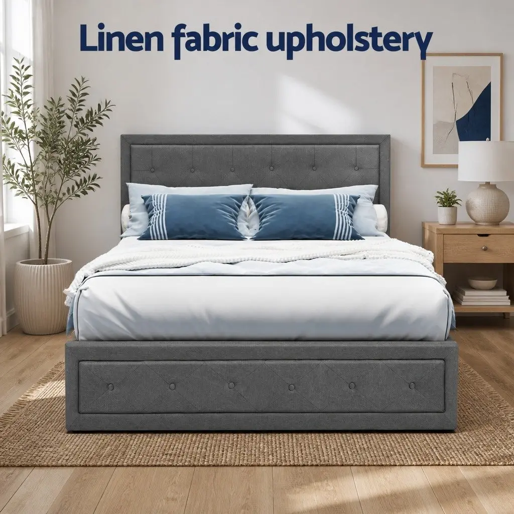 Double Size Grey Upholstered Gas Lift Bed Frame with Storage