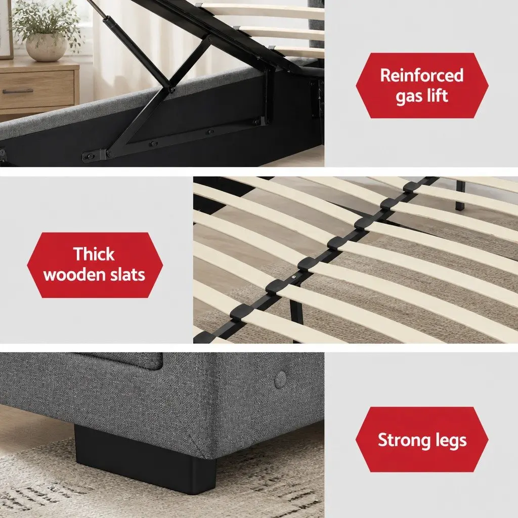 Double Size Grey Upholstered Gas Lift Bed Frame with Storage