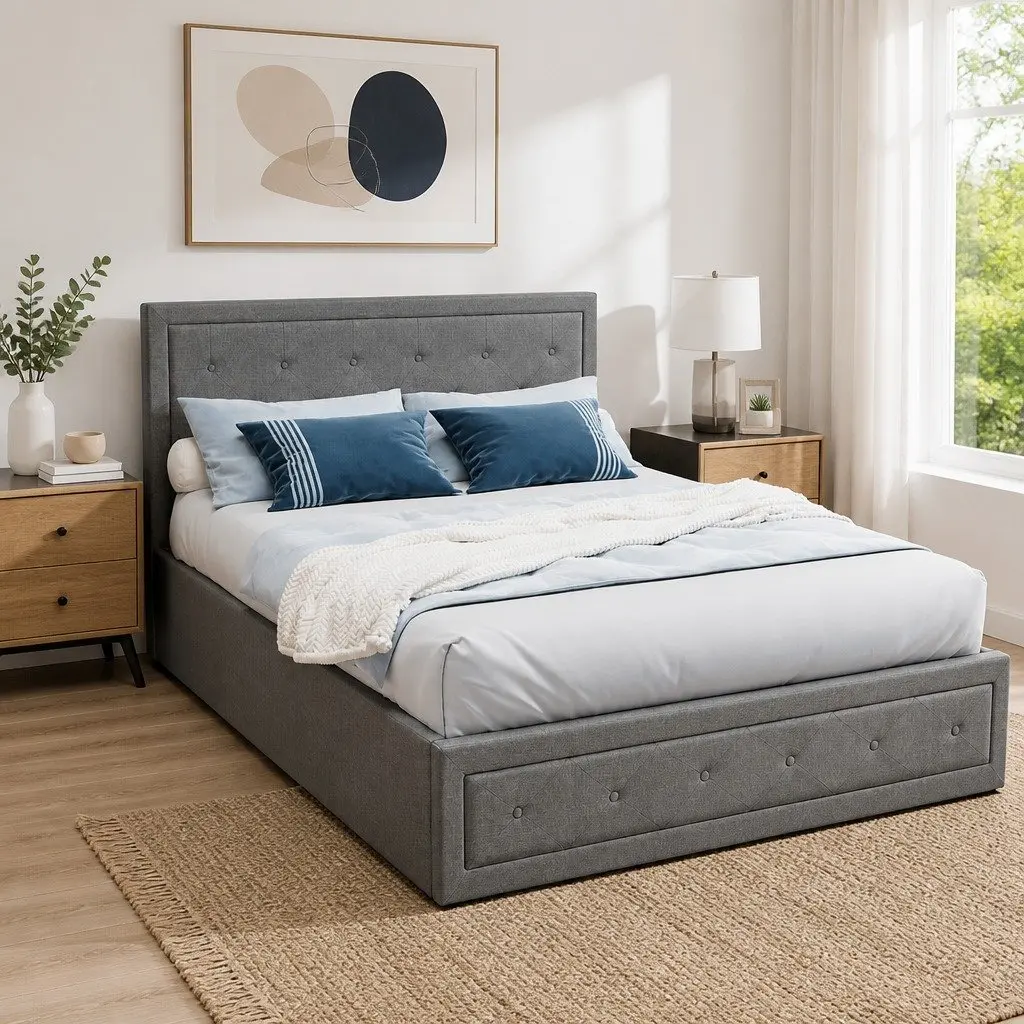 Double Size Grey Upholstered Gas Lift Bed Frame with Storage