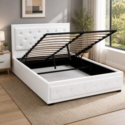 Stylish Double Gas Lift Bed Frame with Storage in White