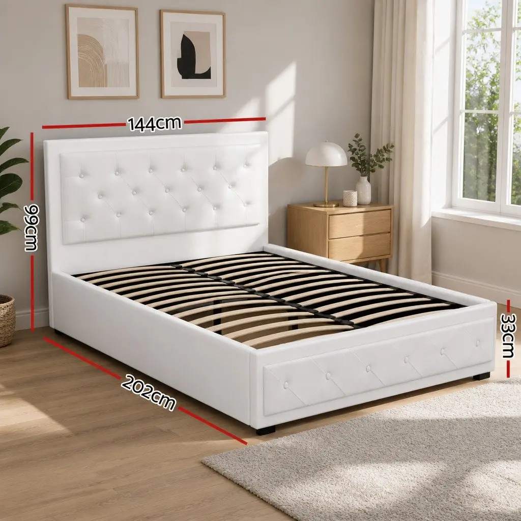 Double Size Gas Lift Bed Frame White Upholstered Storage Ottoman Base Padded