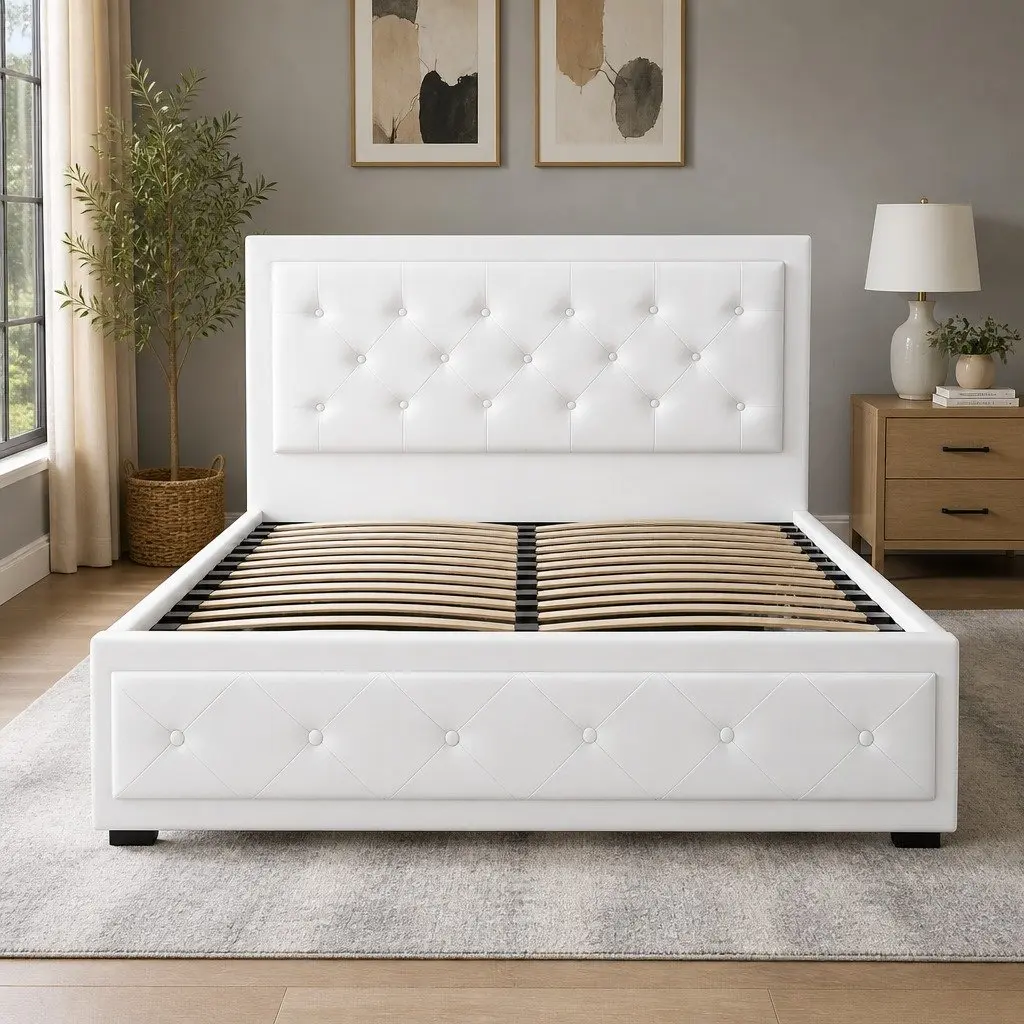 Double Size Gas Lift Bed Frame White Upholstered Storage Ottoman Base Padded
