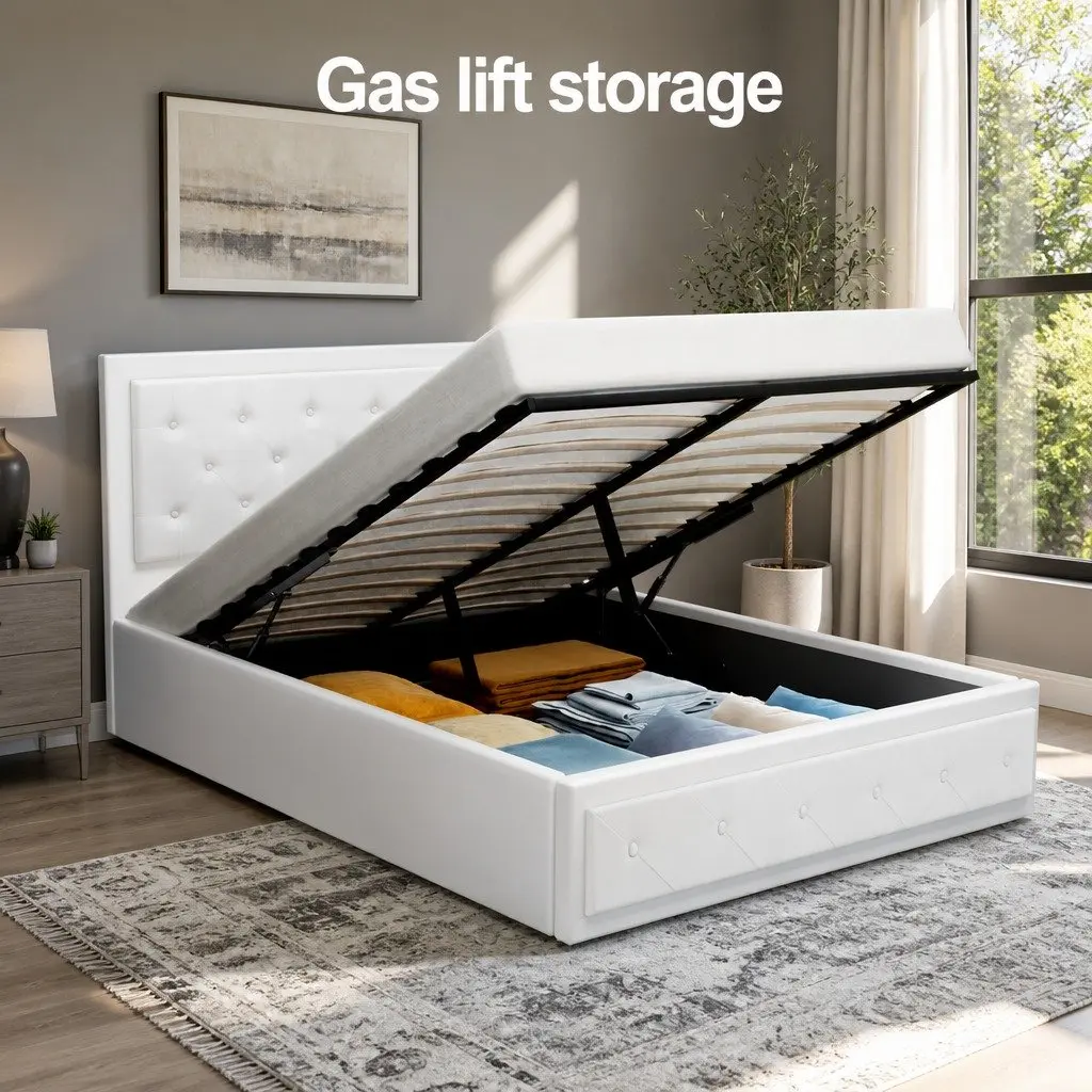 Double Size Gas Lift Bed Frame White Upholstered Storage Ottoman Base Padded
