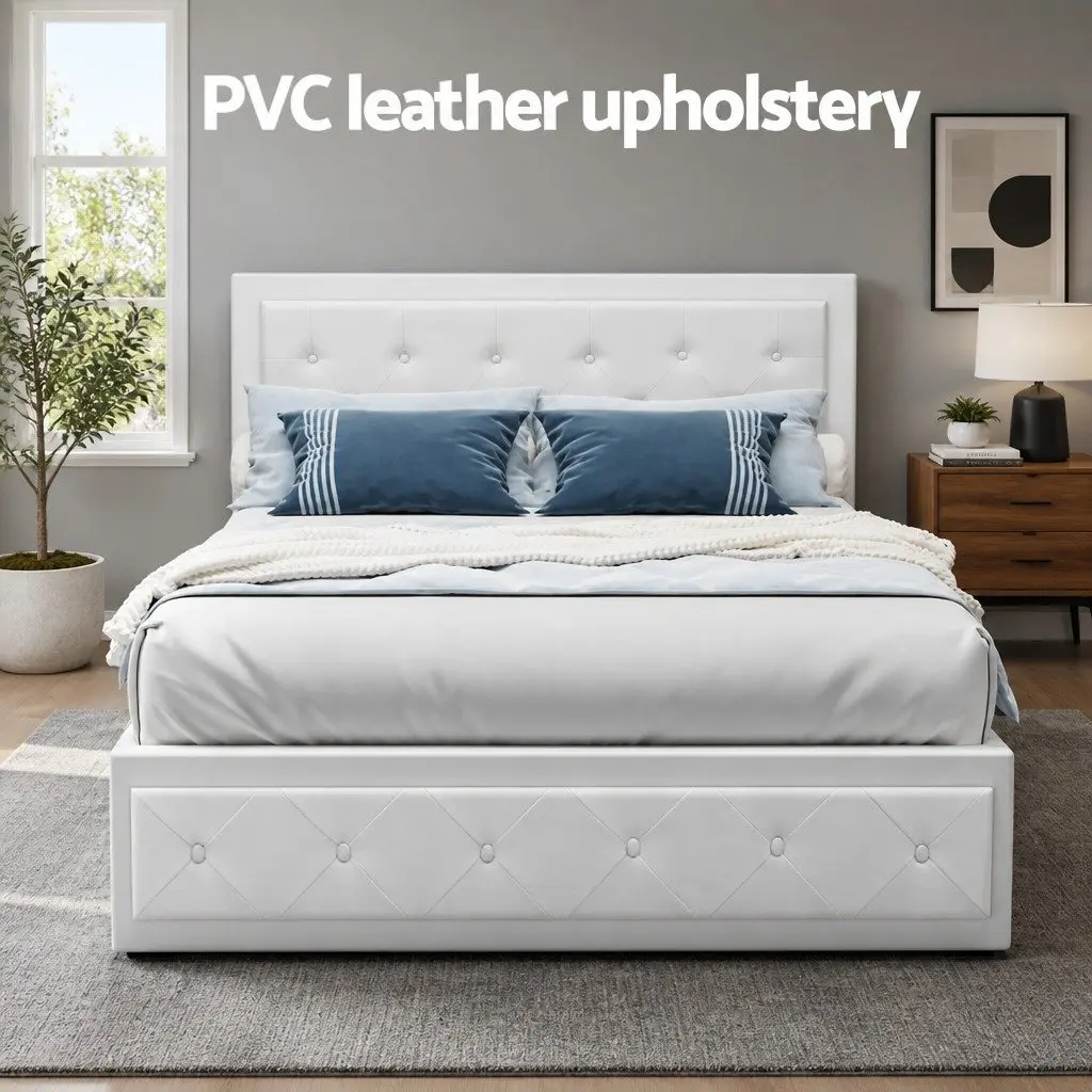 Double Size Gas Lift Bed Frame White Upholstered Storage Ottoman Base Padded
