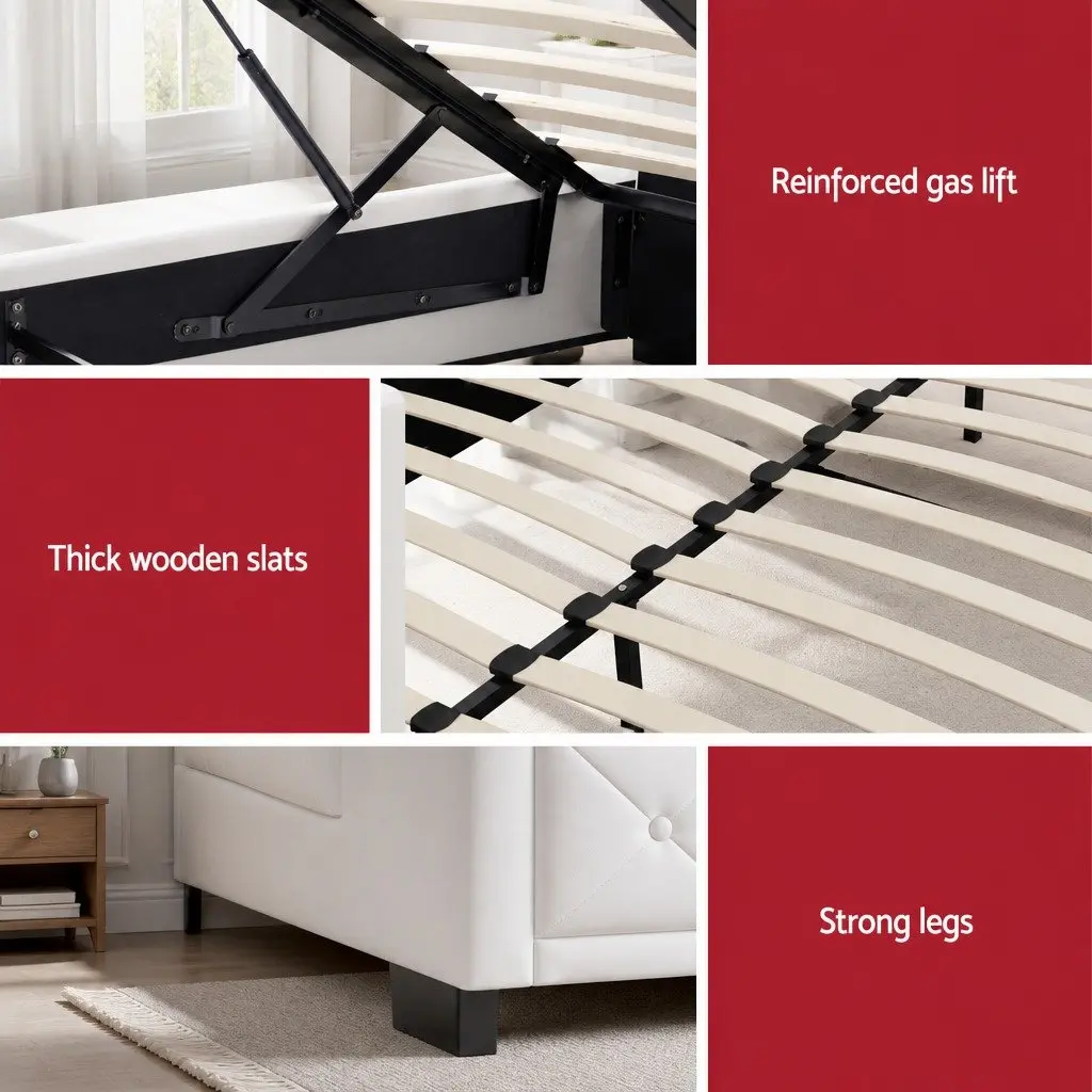 Double Size Gas Lift Bed Frame White Upholstered Storage Ottoman Base Padded