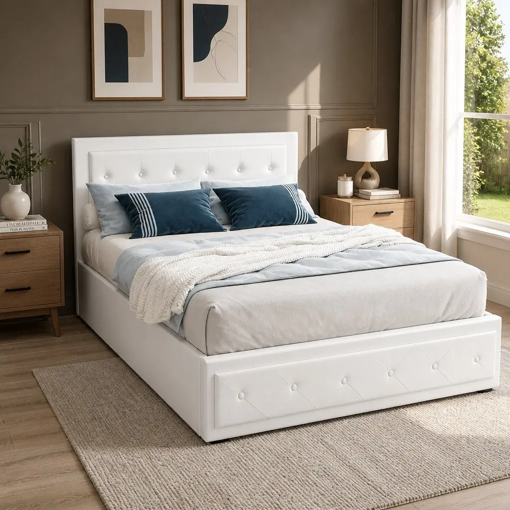 Double Size Gas Lift Bed Frame White Upholstered Storage Ottoman Base Padded