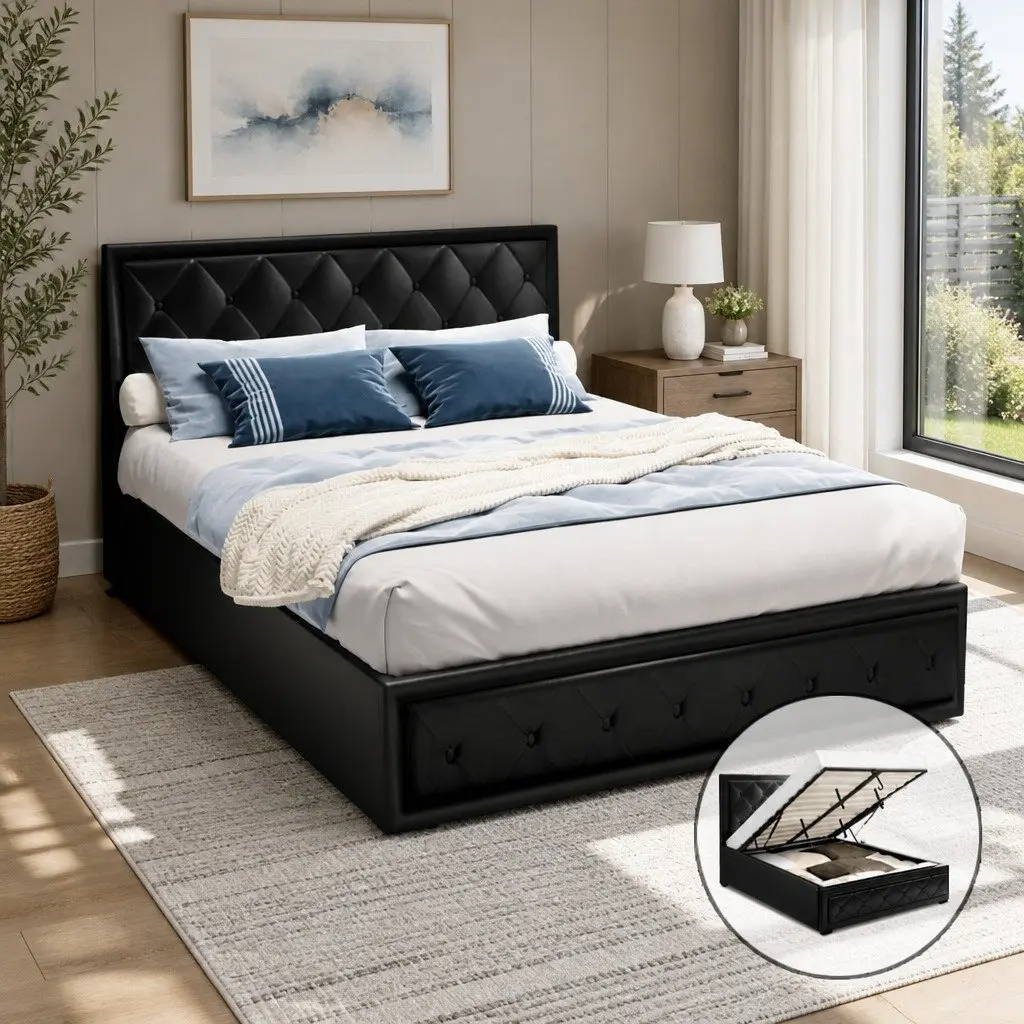 Upholstered Double Gas Lift Bed Frame with Storage