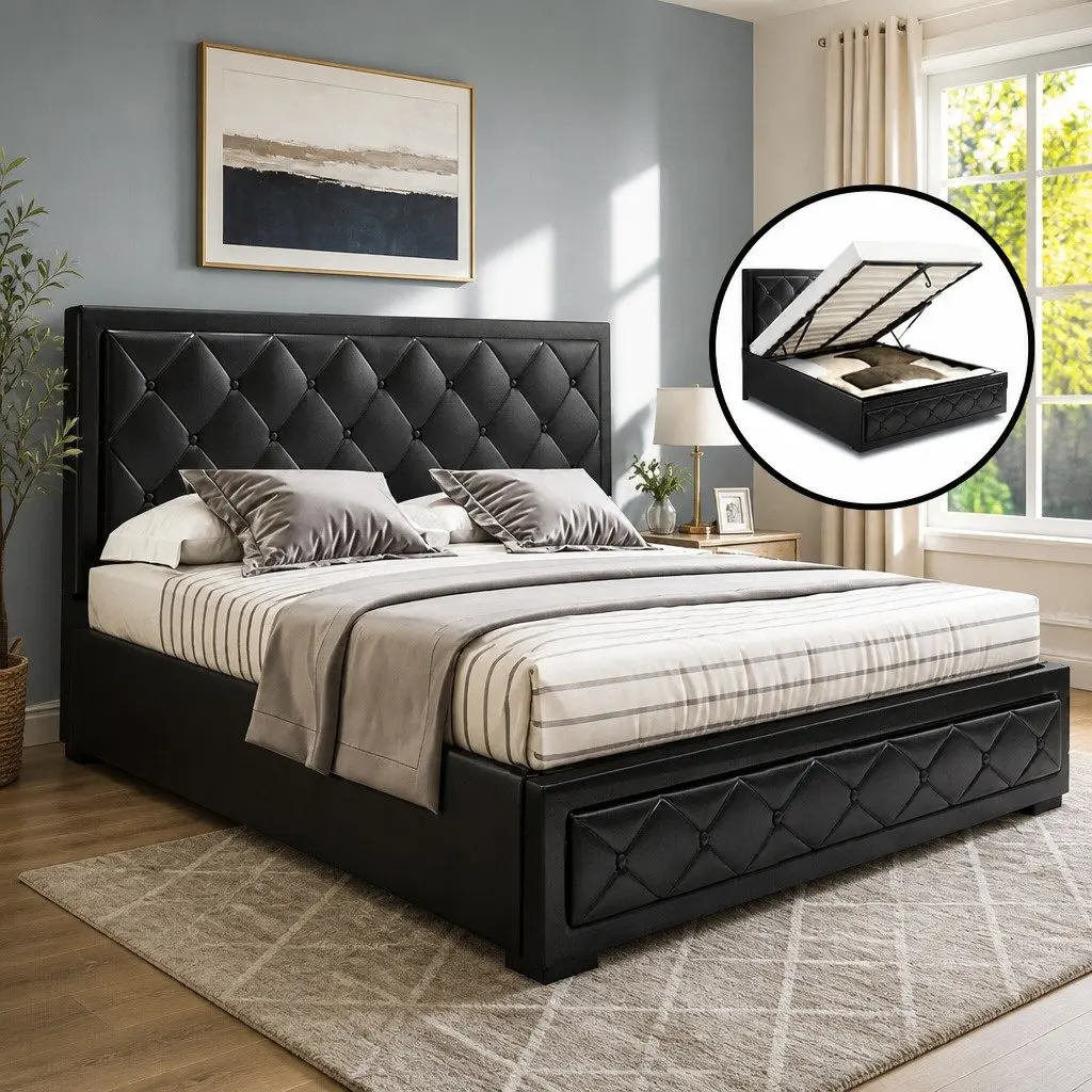 Upholstered Double Gas Lift Bed Frame with Storage