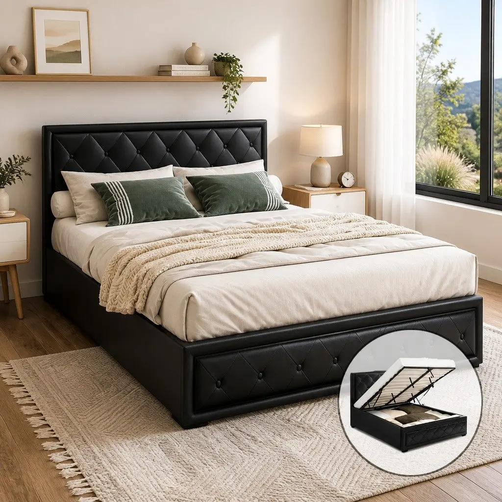 Queen Size Black Gas Lift Bed Frame with Storage