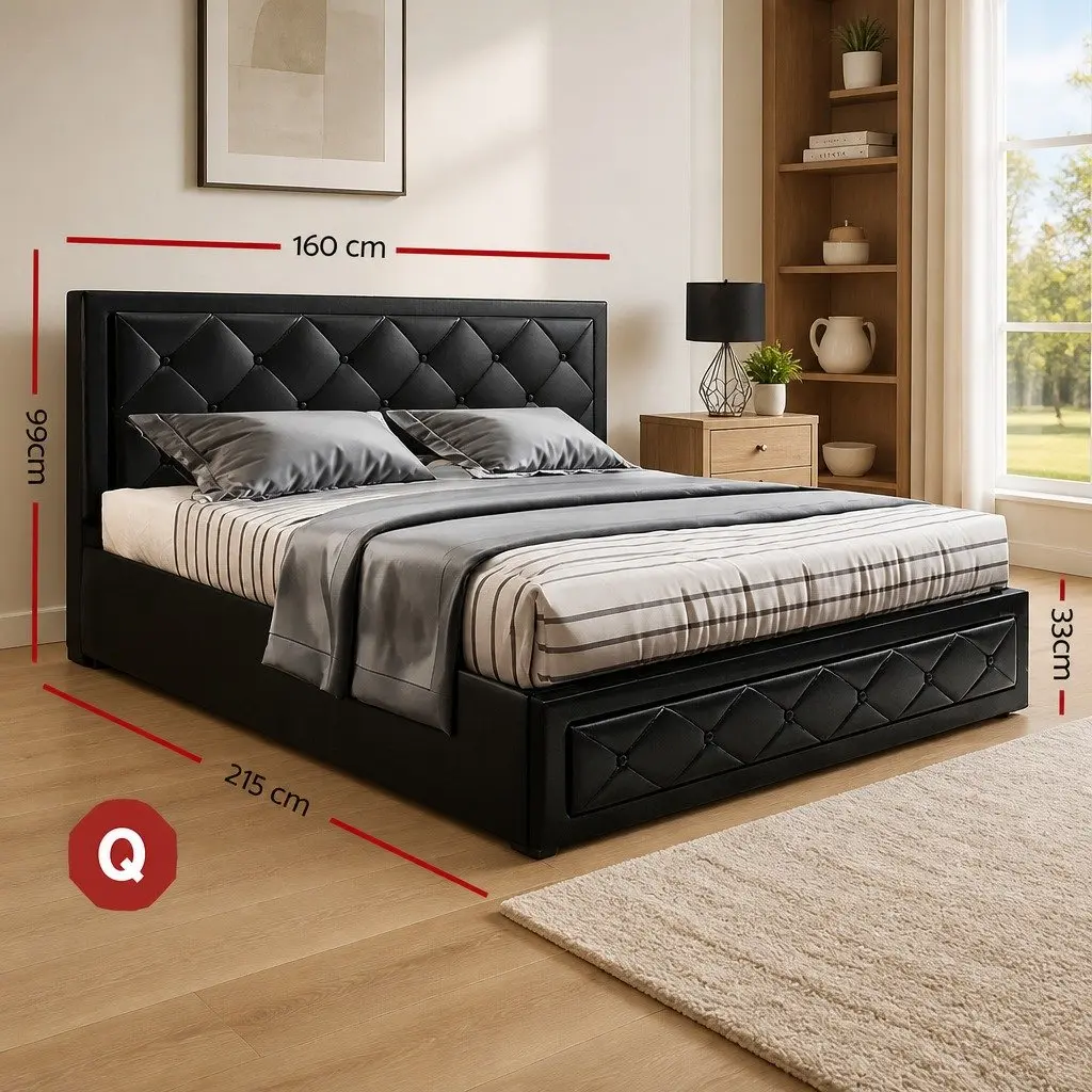 Queen Size Black Gas Lift Bed Frame with Storage
