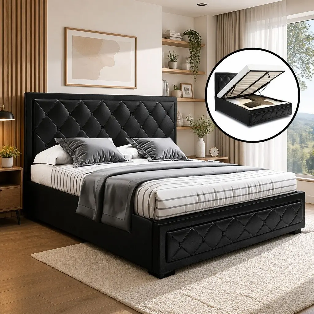 Queen Size Black Gas Lift Bed Frame with Storage