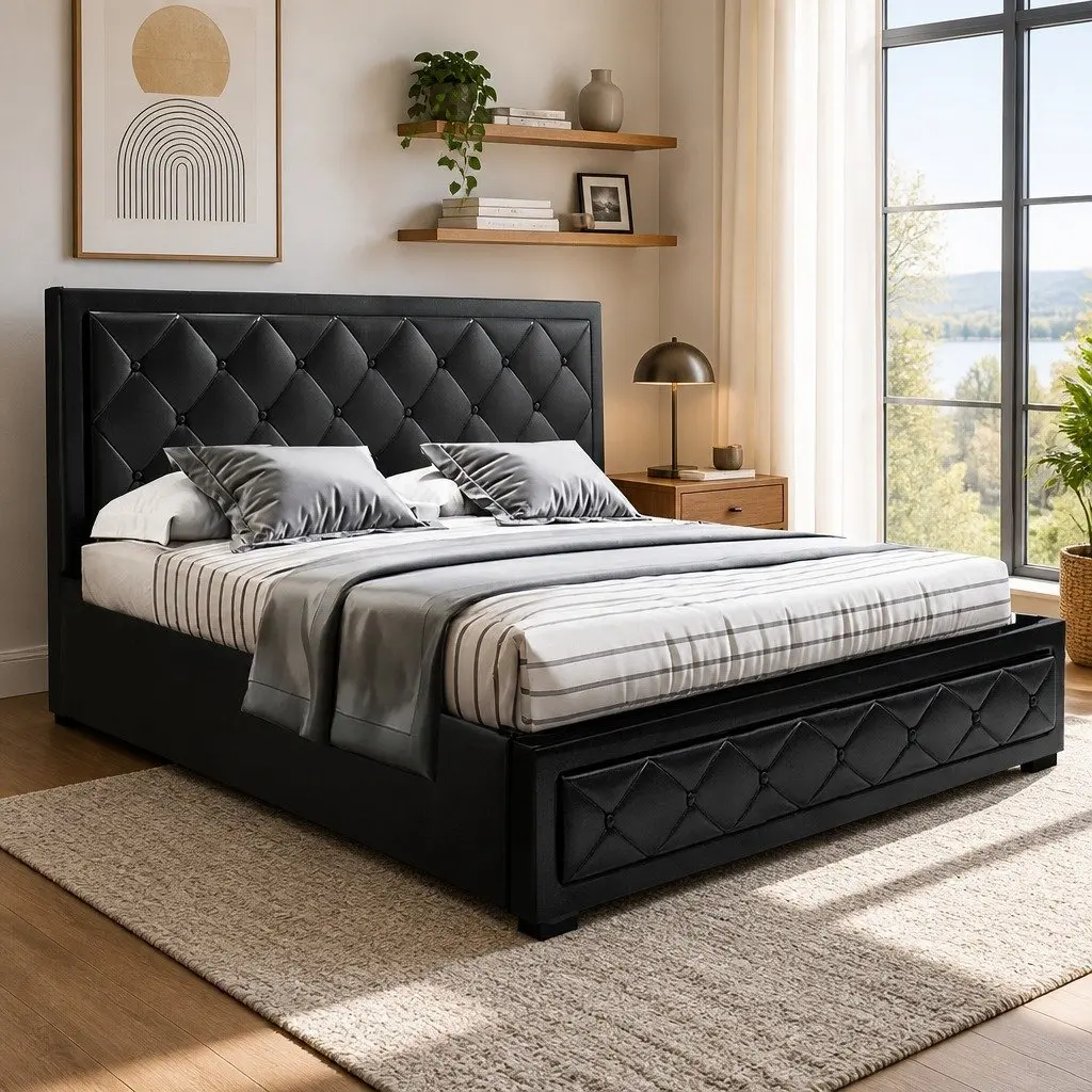 Queen Size Black Gas Lift Bed Frame with Storage