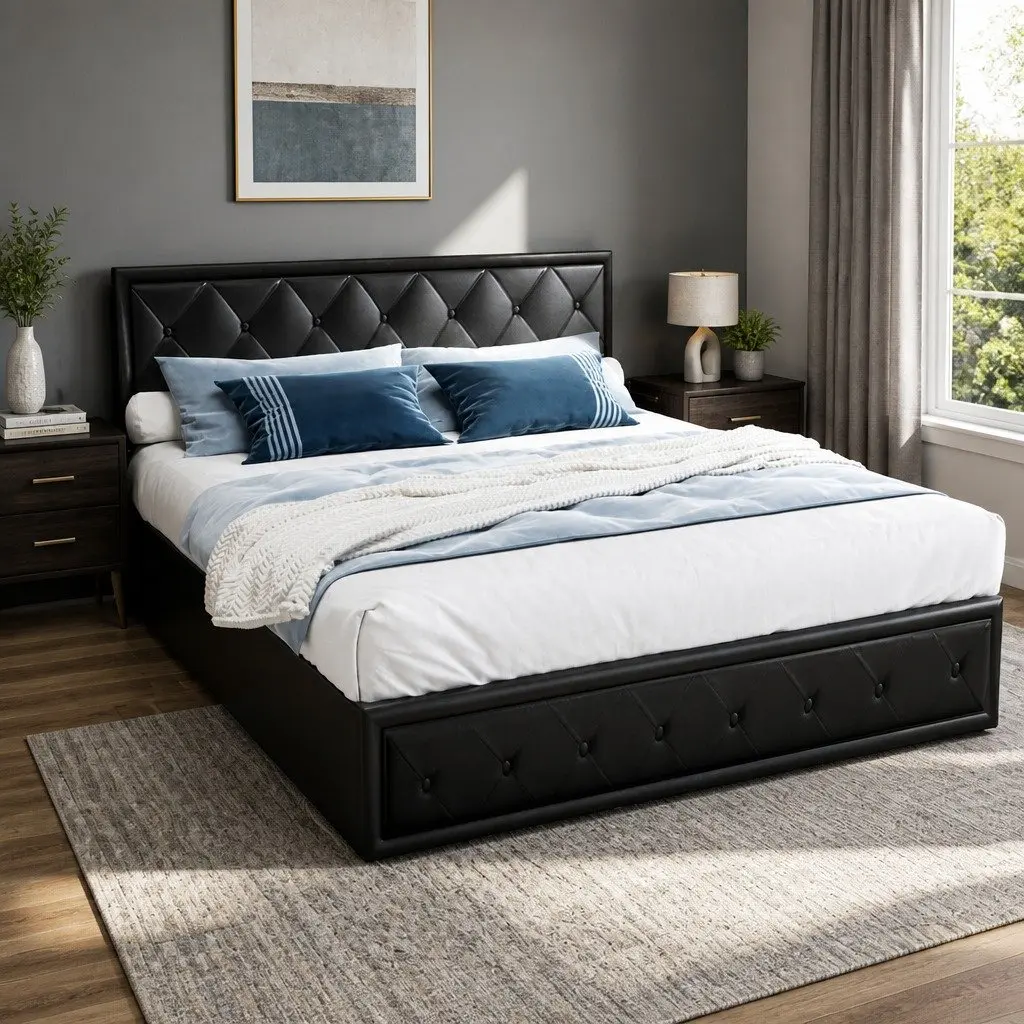 Black Upholstered King Size Gas Lift Bed Frame