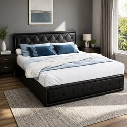 Contemporary Black Upholstered King Size Gas Lift Bed Frame