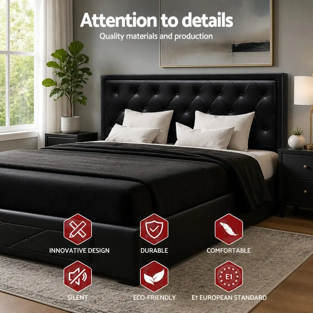 Black Upholstered King Size Gas Lift Bed Frame