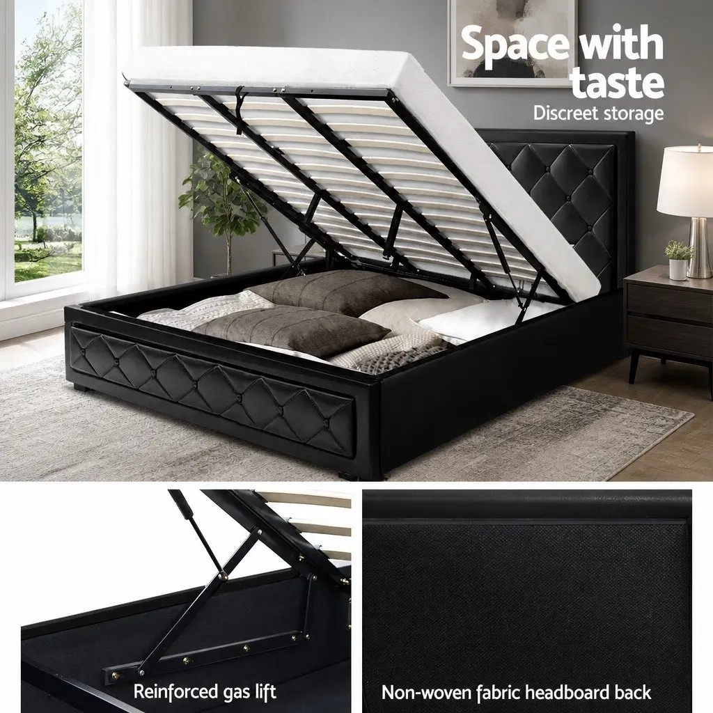 Black Upholstered King Size Gas Lift Bed Frame