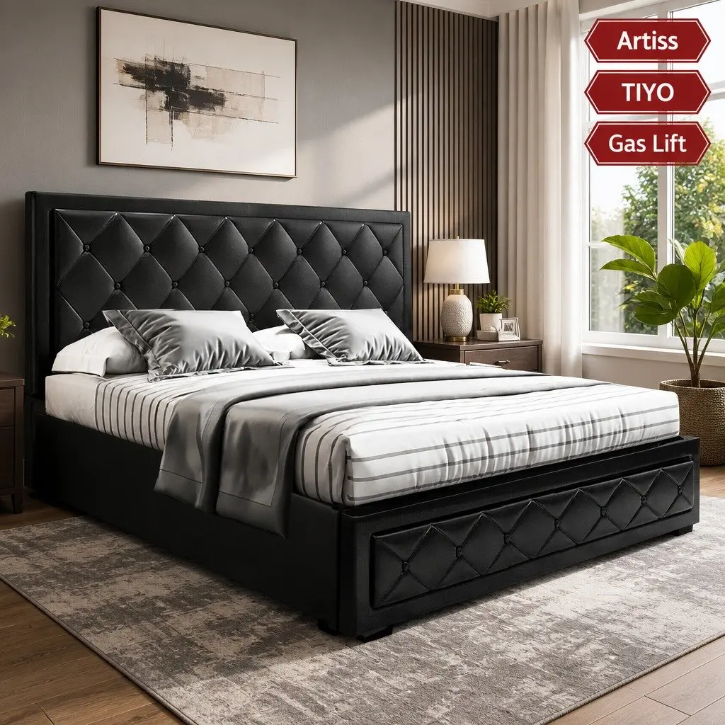 Black Upholstered King Size Gas Lift Bed Frame