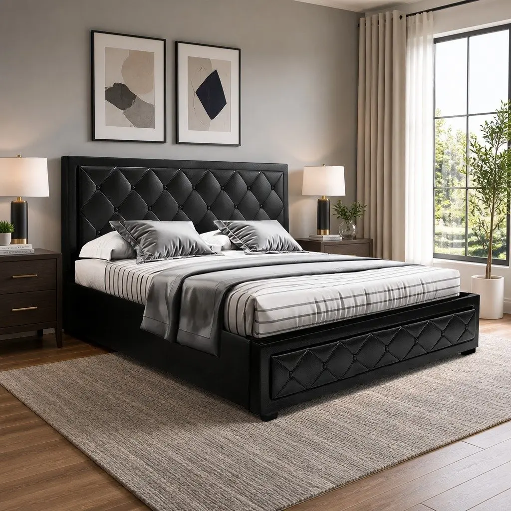Black Upholstered King Size Gas Lift Bed Frame