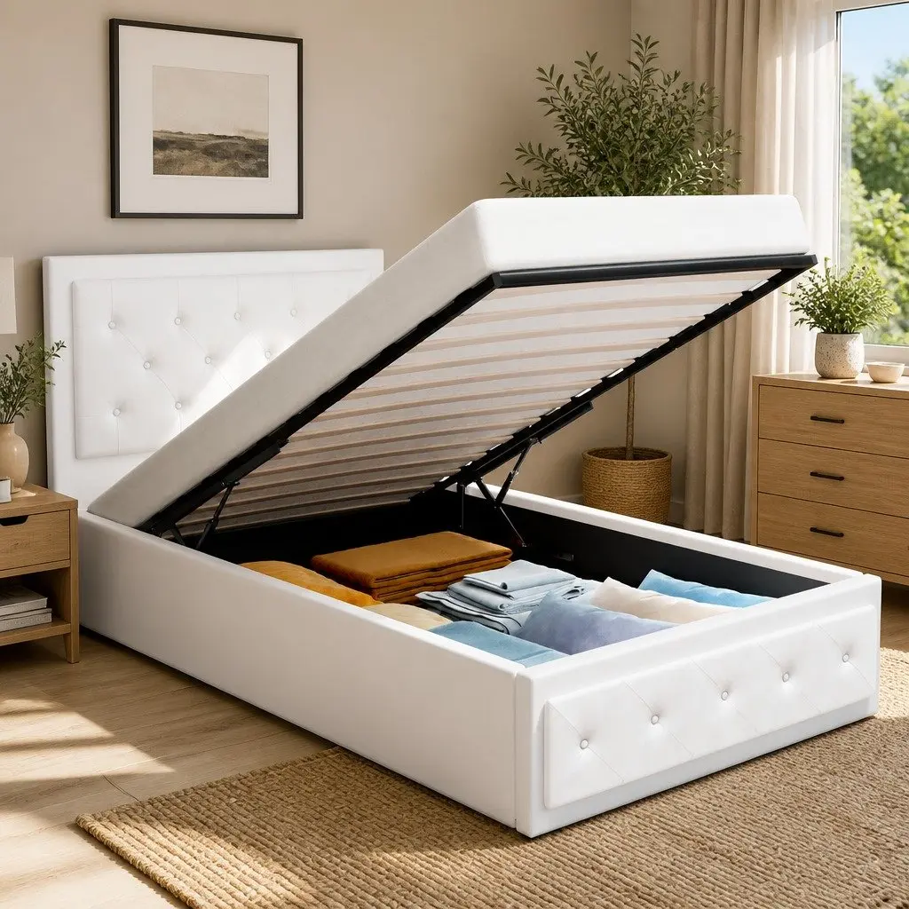King Single Gas Lift Bed Frame with Upholstered Storage