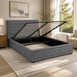 Grey Upholstered Queen Size Gas Lift Bed Frame