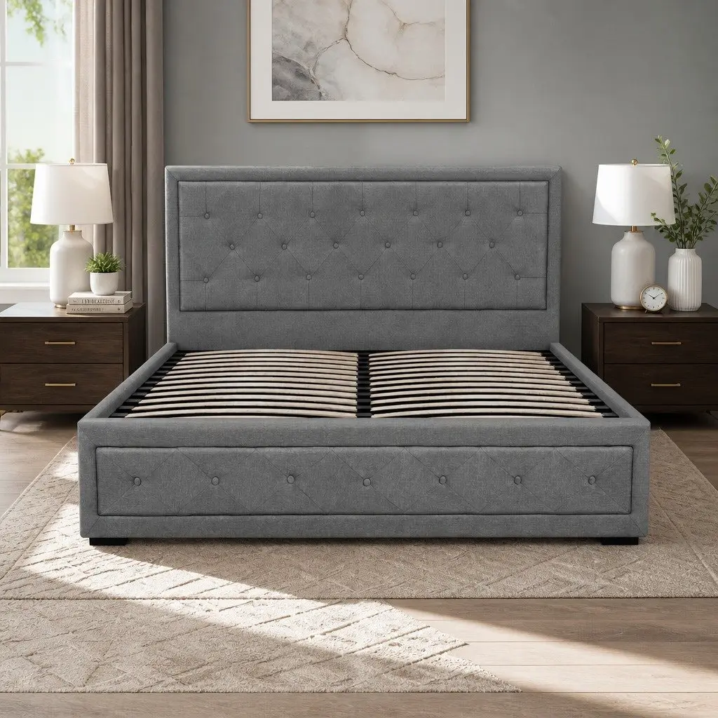 Grey Upholstered Queen Size Gas Lift Bed Frame