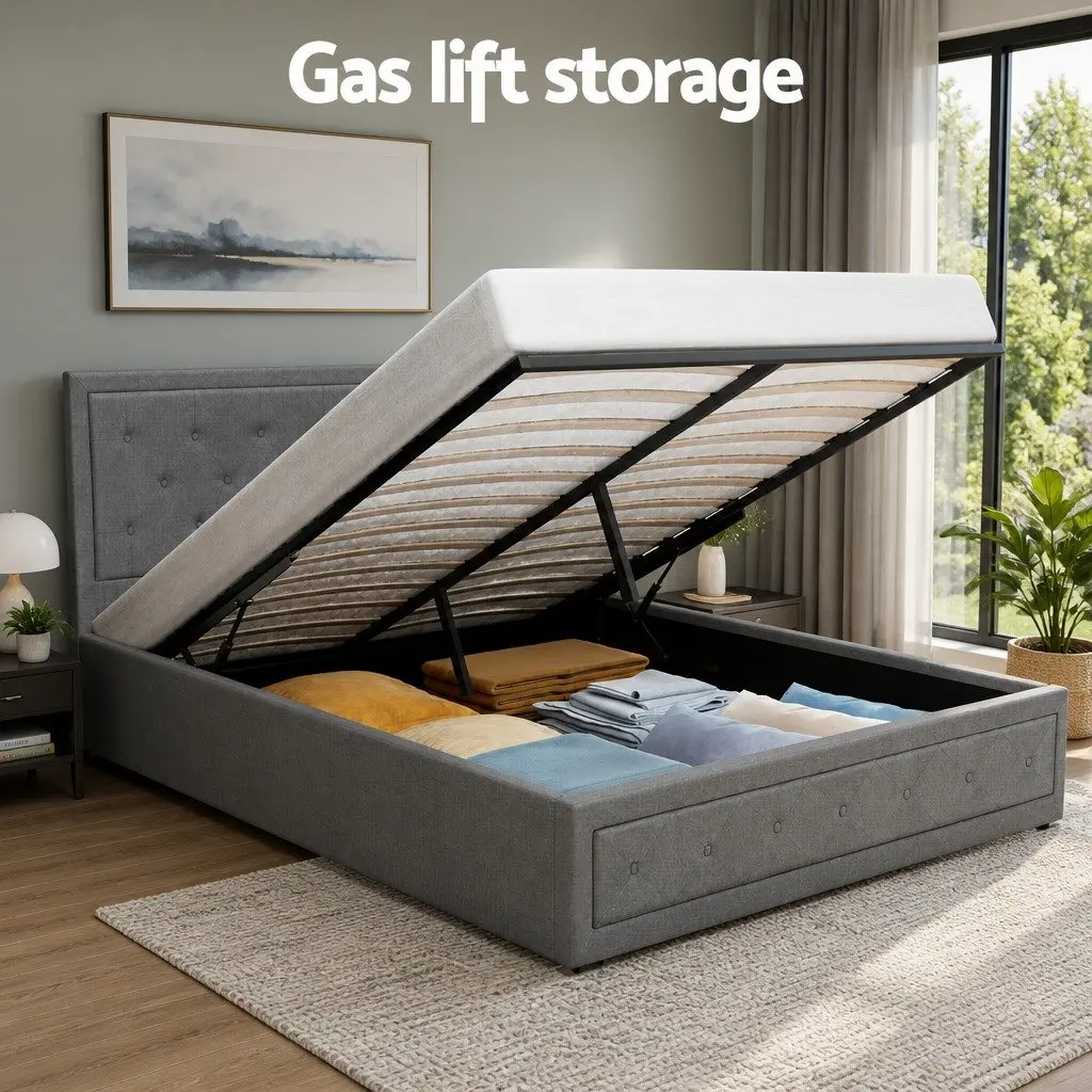 Grey Upholstered Queen Size Gas Lift Bed Frame