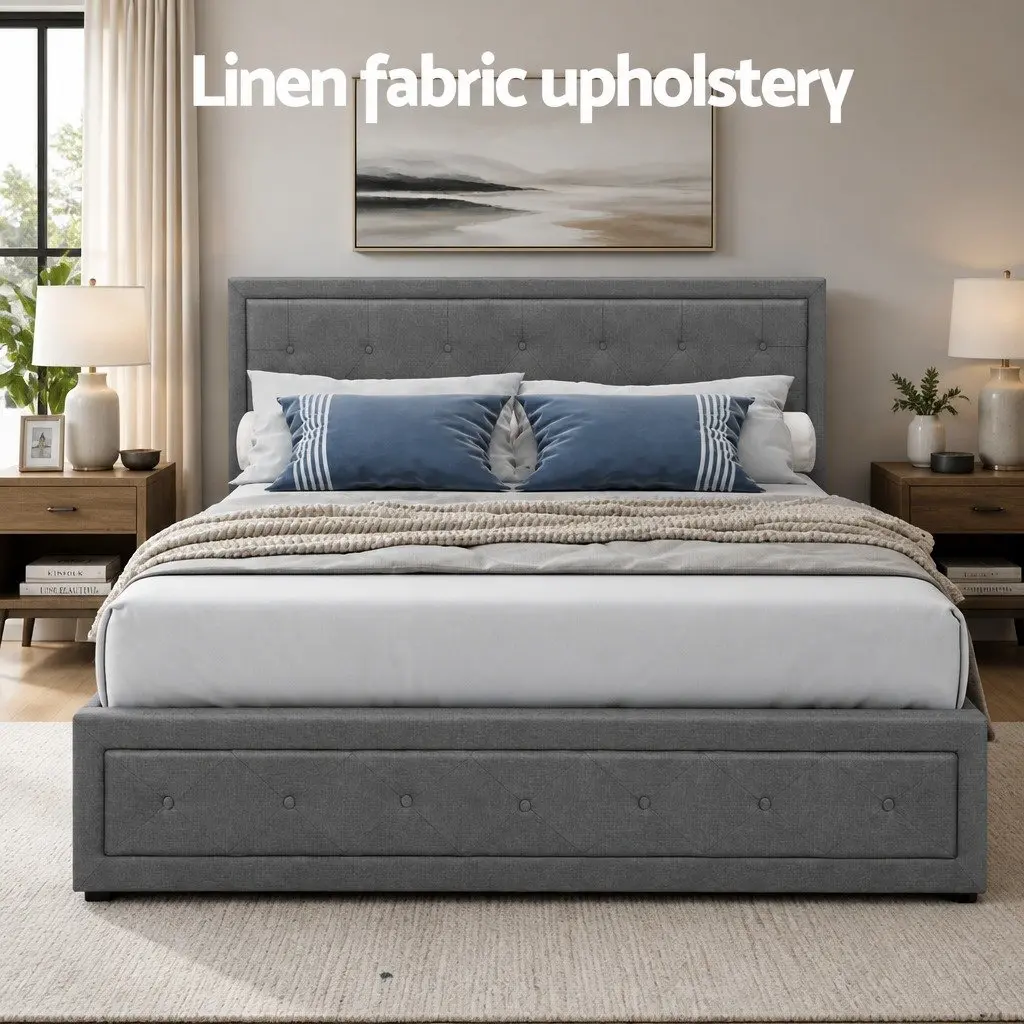 Grey Upholstered Queen Size Gas Lift Bed Frame