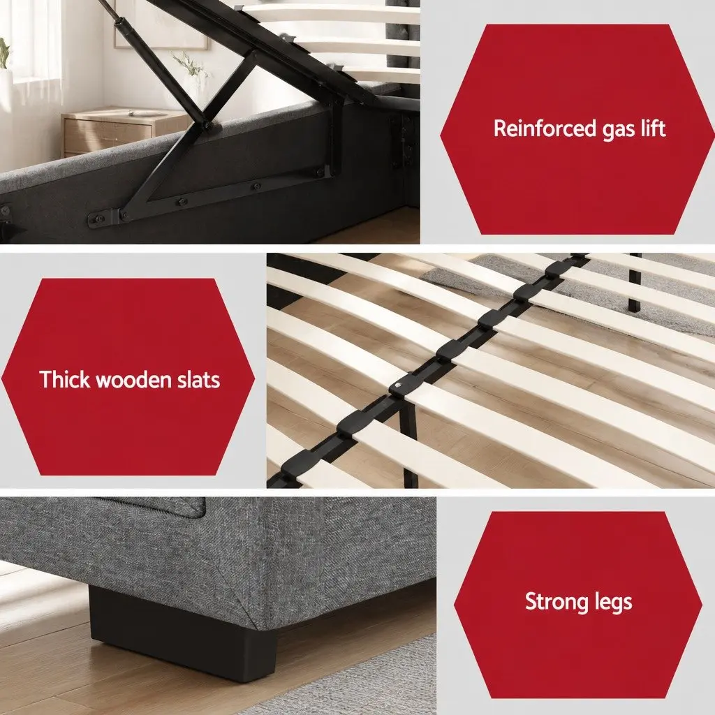 Grey Upholstered Queen Size Gas Lift Bed Frame