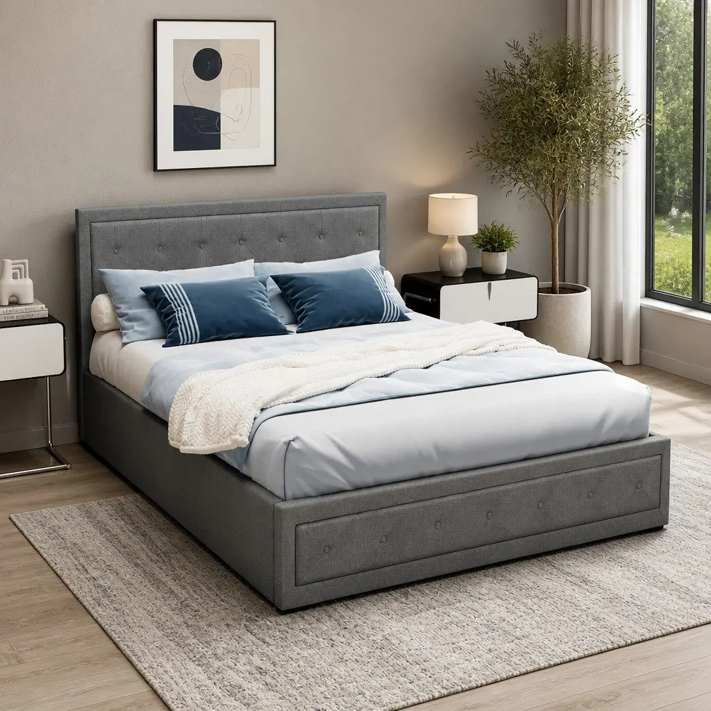 Grey Upholstered Queen Size Gas Lift Bed Frame