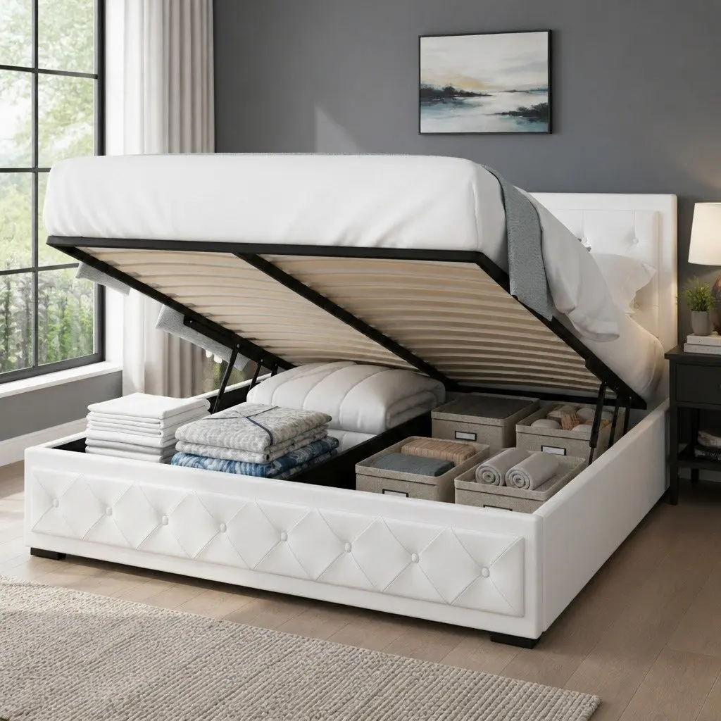 Queen Size Upholstered Gas Lift Bed Frame in White