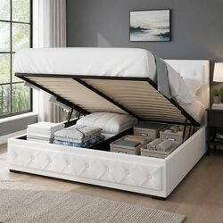 Queen Size Upholstered Gas Lift Bed Frame in White