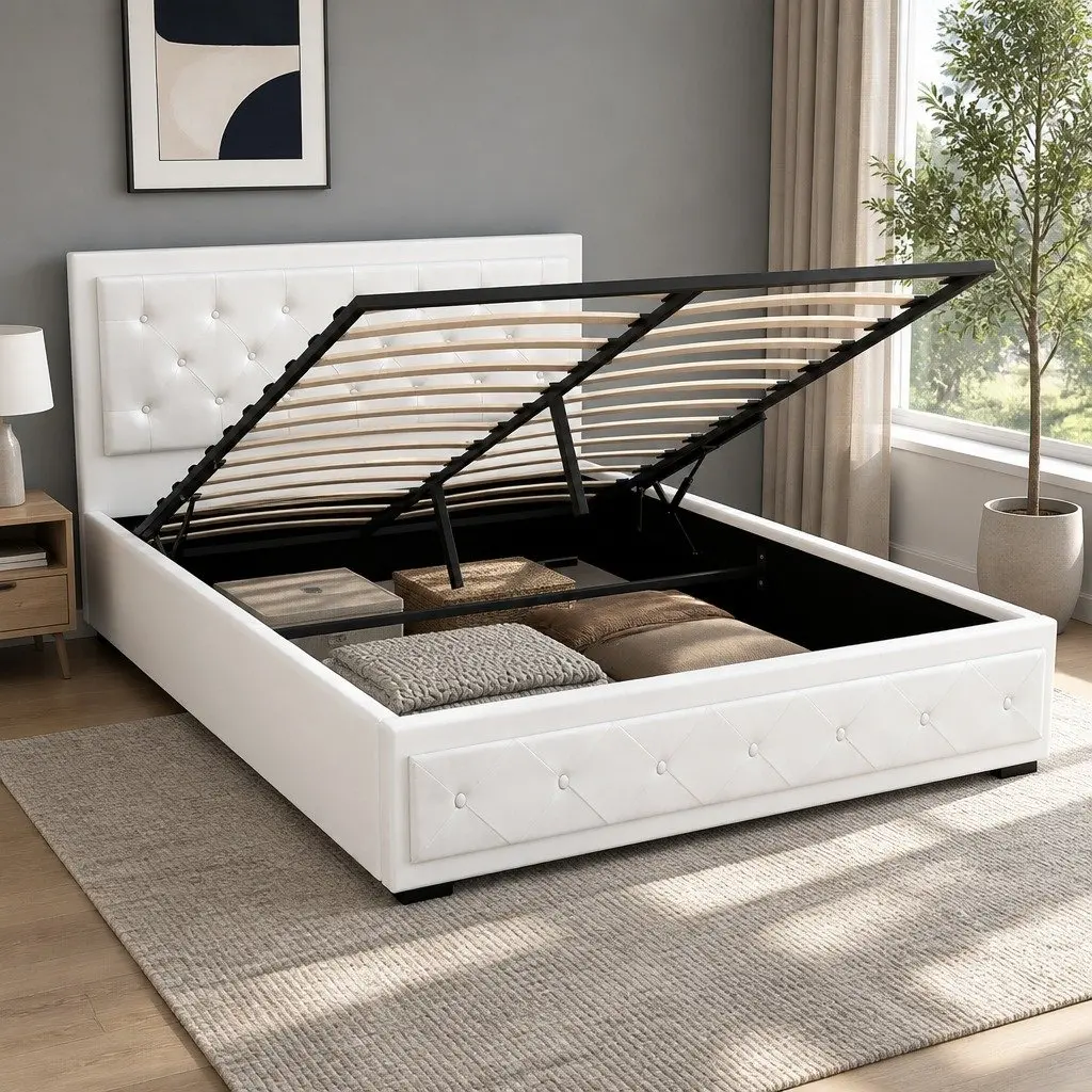 Queen Size Upholstered Gas Lift Bed Frame in White