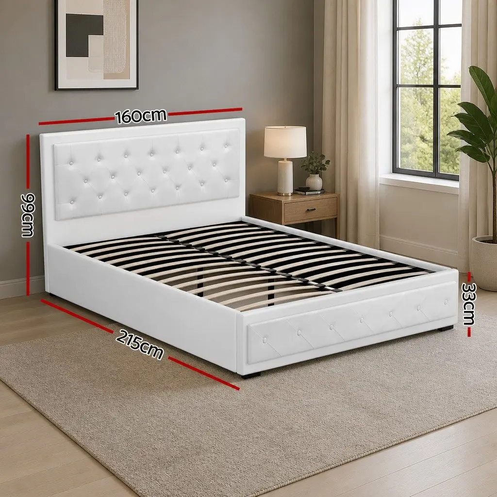Queen Size Upholstered Gas Lift Bed Frame in White