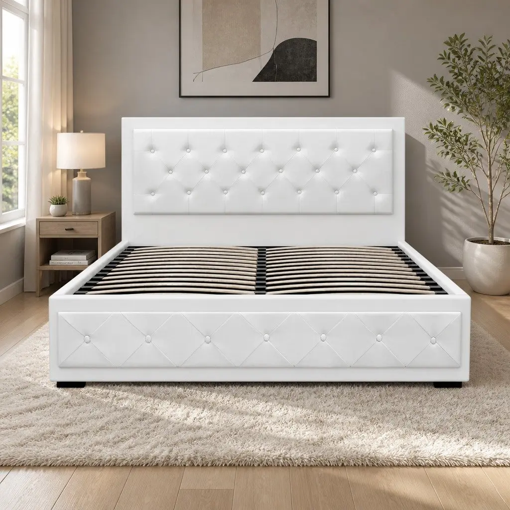 Queen Size Upholstered Gas Lift Bed Frame in White