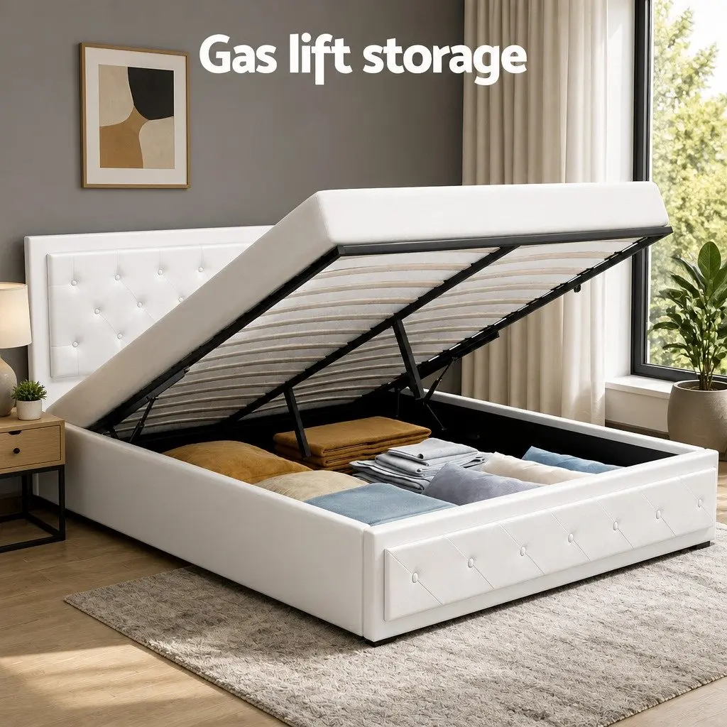 Queen Size Upholstered Gas Lift Bed Frame in White