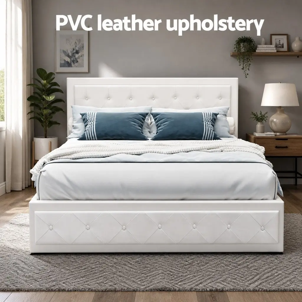 Queen Size Upholstered Gas Lift Bed Frame in White