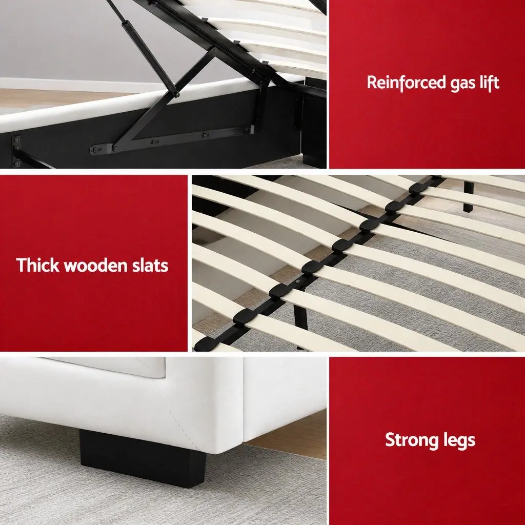 Queen Size Upholstered Gas Lift Bed Frame in White