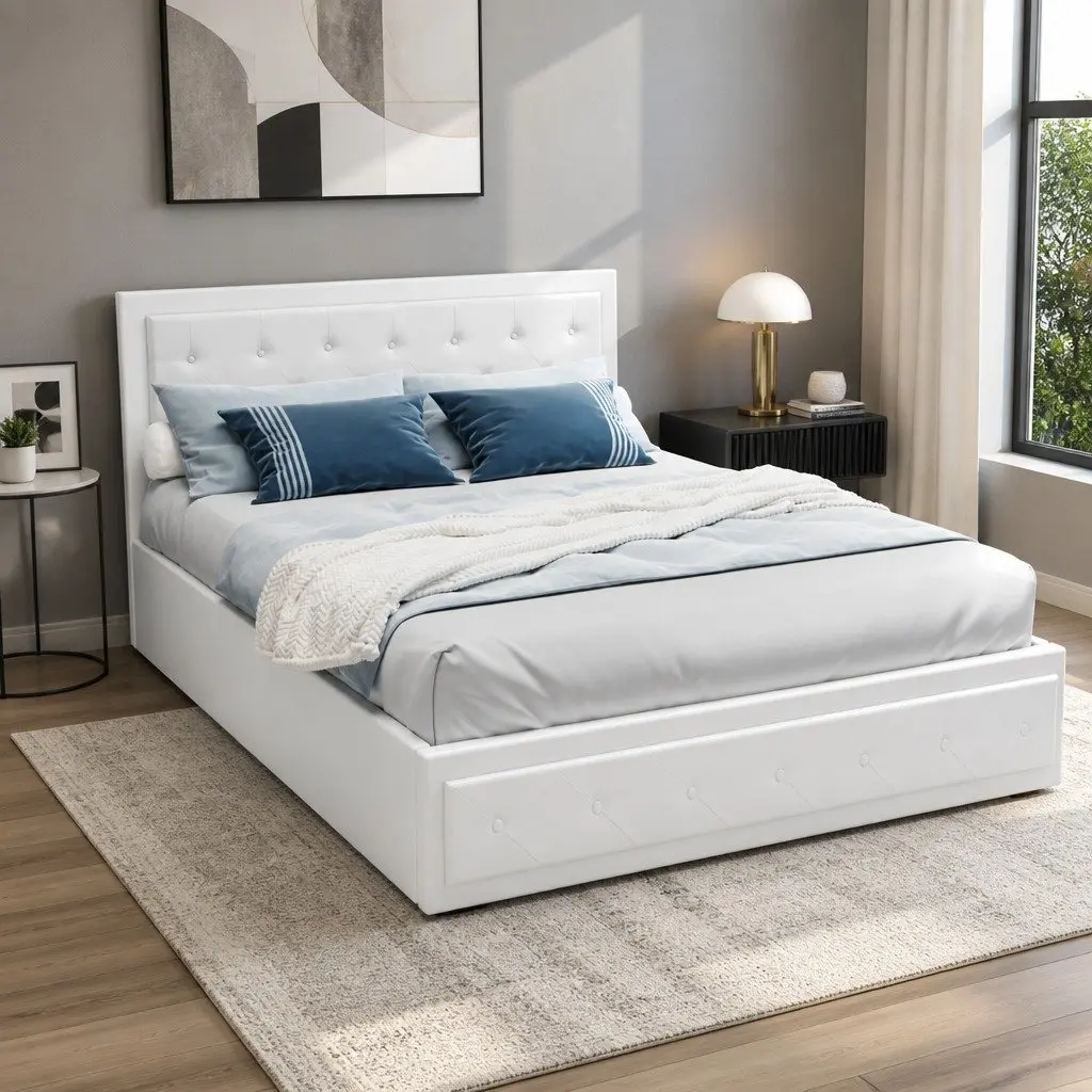 Queen Size Upholstered Gas Lift Bed Frame in White