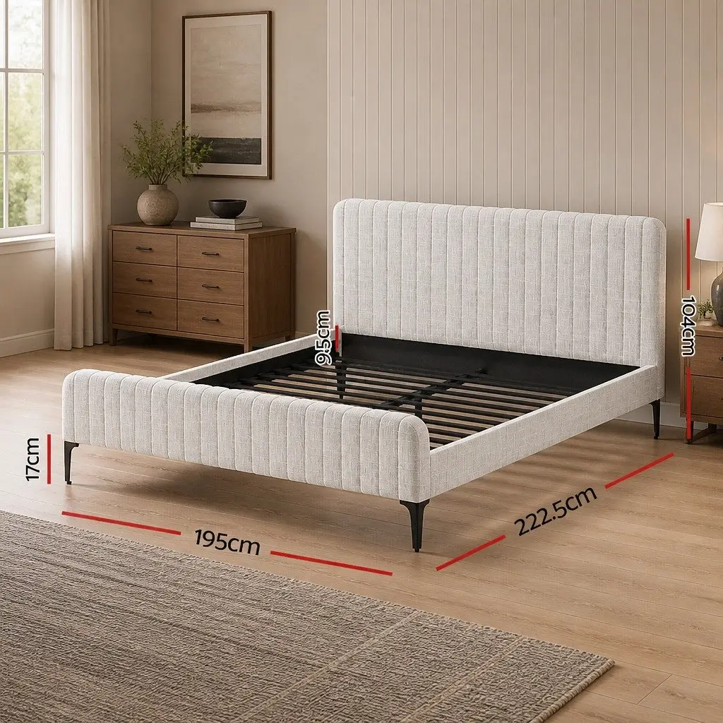 King Size Bed Frame Upholstered Beige Padded Headboard Wooden Slatted Base