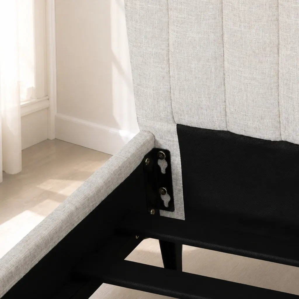 King Size Bed Frame Upholstered Beige Padded Headboard Wooden Slatted Base
