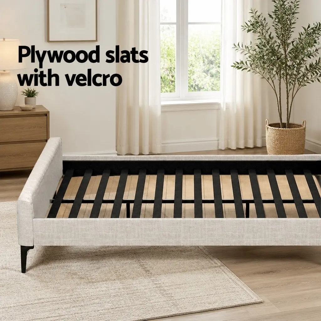 King Size Bed Frame Upholstered Beige Padded Headboard Wooden Slatted Base