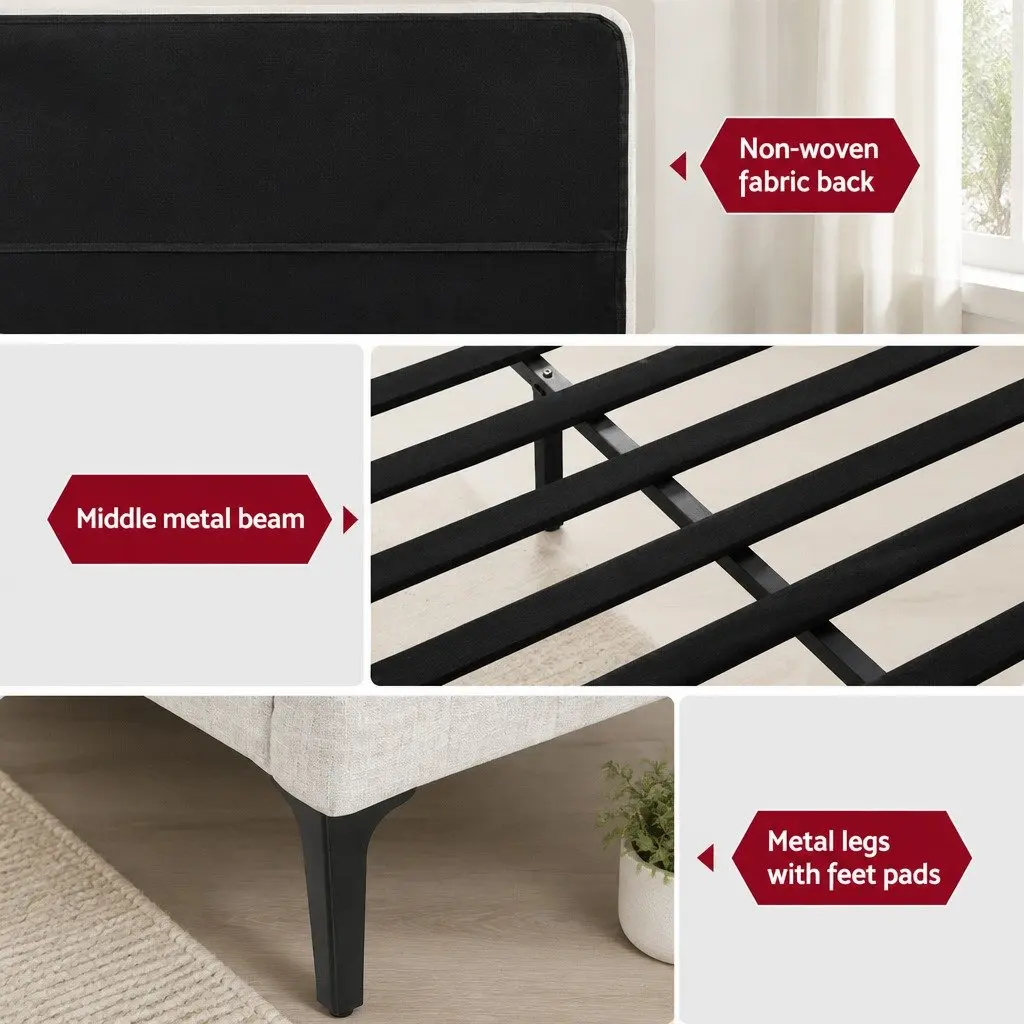 King Size Bed Frame Upholstered Beige Padded Headboard Wooden Slatted Base